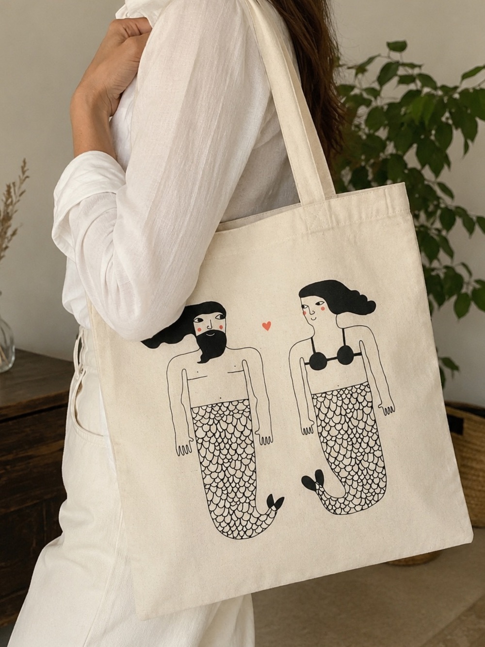 Unique Vintage Cream Tote with Black Mermaid Couple and Red Accent